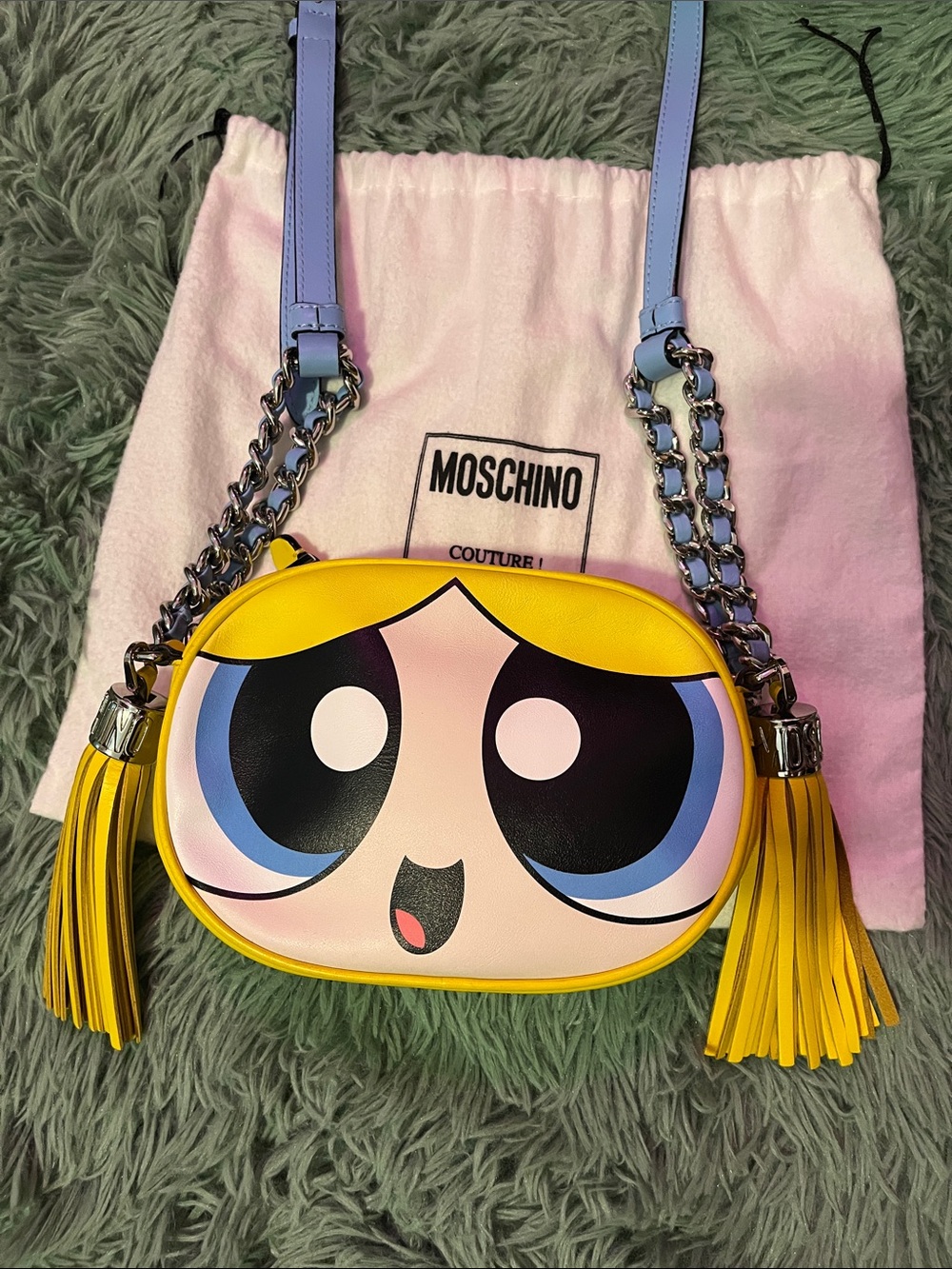 Moschino Yellow Bubbles Character Crossbody Bag with Pastel Blue Straps